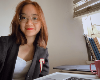 A selfie image of Judy's work from home office